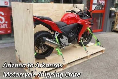 Red sport motorcycle strapped down on a wooden crate base, Arizona to Arkansas motorcycle shipping crate