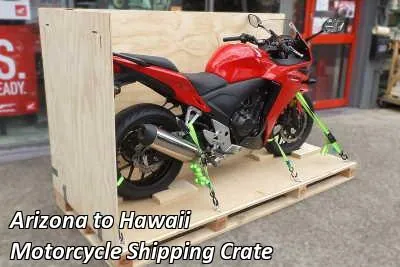 Red sport motorcycle strapped down on a wooden crate base, Arizona to Hawaii motorcycle shipping crate