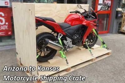 Red sport motorcycle strapped down on a wooden crate base, Arizona to Kansas motorcycle shipping crate