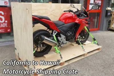 Red sport motorcycle strapped down on a wooden crate base, California to Hawaii motorcycle shipping crate