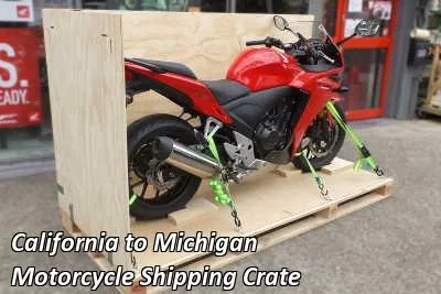 Red sport motorcycle strapped down on a wooden crate base, California to Michigan motorcycle shipping crate