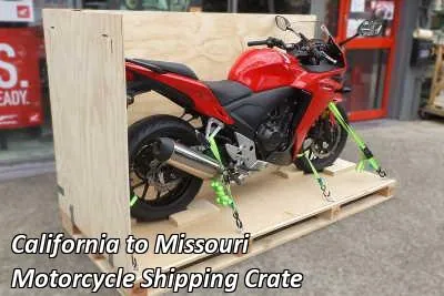Red sport motorcycle strapped down on a wooden crate base, California to Missouri motorcycle shipping crate