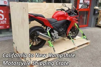Red sport motorcycle strapped down on a wooden crate base, California to New Hampshire motorcycle shipping crate