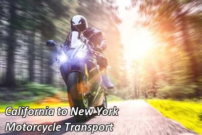 Rider on a silver cruiser motorcycle riding past green hills, California to New York motorcycle shipping