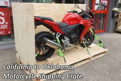 Red sport motorcycle strapped down on a wooden crate base, California to Oklahoma motorcycle shipping crate