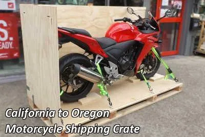 Red sport motorcycle strapped down on a wooden crate base, California to Oregon motorcycle shipping crate
