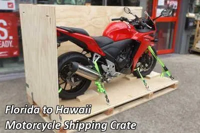 Red sport motorcycle strapped down on a wooden crate base, Florida to Hawaii motorcycle shipping crate