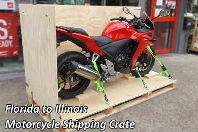 Red sport motorcycle strapped down on a wooden crate base, Florida to Illinois motorcycle shipping crate