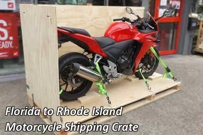 Red sport motorcycle strapped down on a wooden crate base, Florida to Rhode Island motorcycle shipping crate
