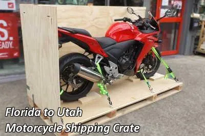 Red sport motorcycle strapped down on a wooden crate base, Florida to Utah motorcycle shipping crate