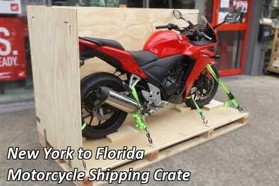 Red sport motorcycle strapped down on a wooden crate base, New York to Florida motorcycle shipping crate