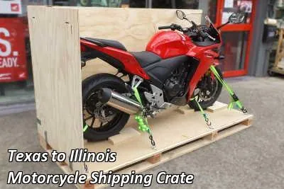 Red sport motorcycle strapped down on a wooden crate base, Texas to Illinois motorcycle shipping crate