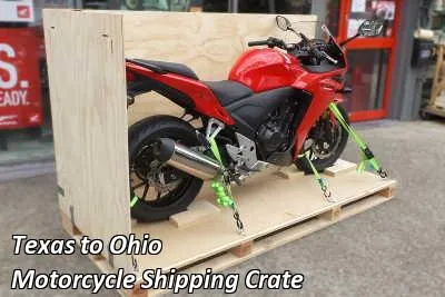 Red sport motorcycle strapped down on a wooden crate base, Texas to Ohio motorcycle shipping crate