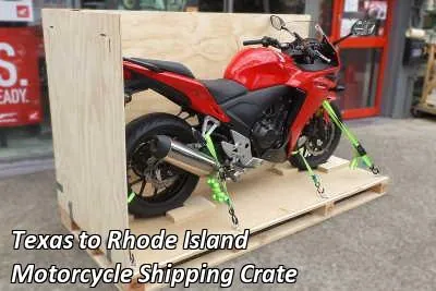 Red sport motorcycle strapped down on a wooden crate base, Texas to Rhode Island motorcycle shipping crate